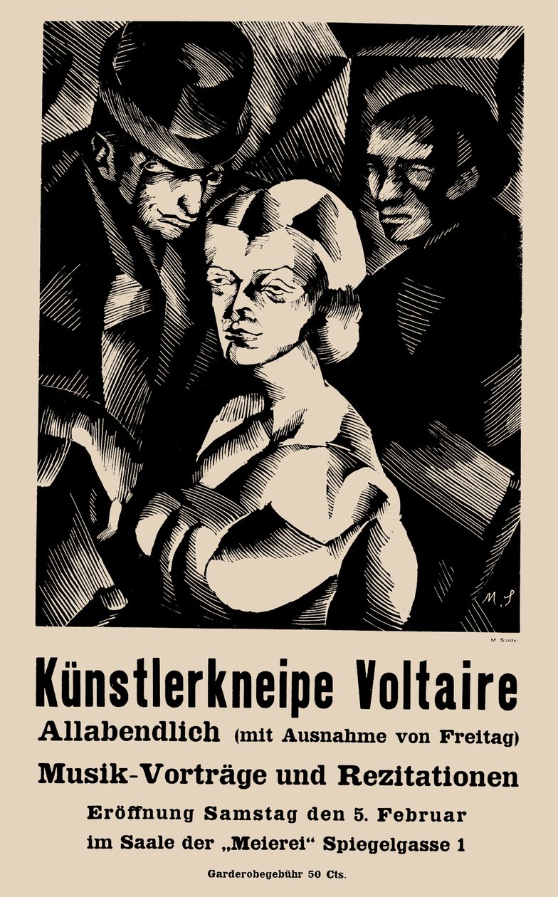 Plakát a Cabaret Voltaire megnyitójáról 1916-02-05-én - Marcel Slodki (1892-1944). Litográfia alkotó: Marcel Slodki