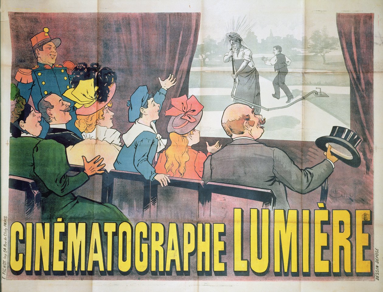 „The Waterer Watered”, a Cinematographe Lumiere reklámplakátja, 1896 alkotó: Marcelin Auzolle