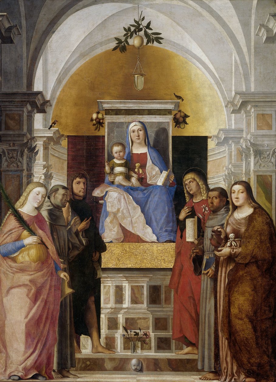 Madonna és gyermeke Szent Katalinnal, Assisi Ferenccel, Keresztelő Jánossal, János evangélistával, Páduai Antoniusszal és Mária Magdolnával alkotó: Marcello Fogolino