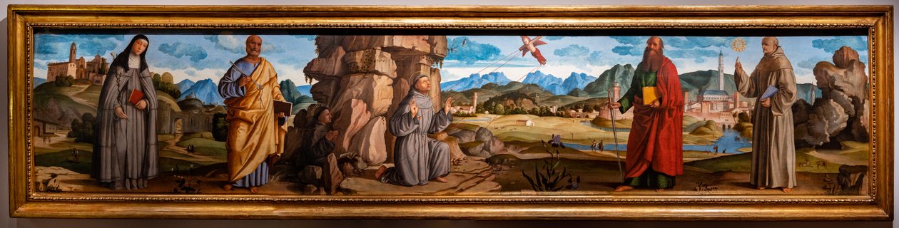 Szent Ferenc megkapja a stigmákat Szent Klára és Péter, a boldog Breganzei Bartolomeo, valamint Szent Pál és Bernardino között alkotó: Marcello Fogolino