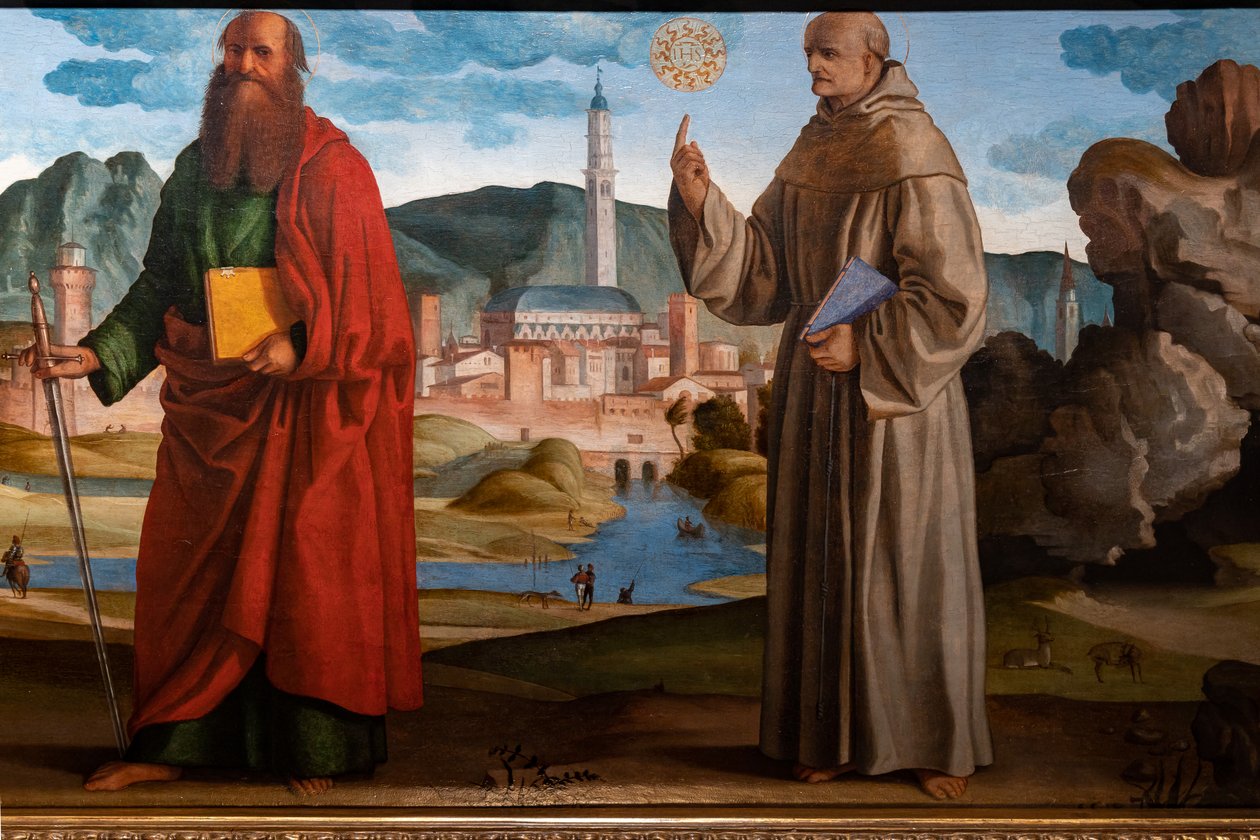 Szent Ferenc, aki átveszi a stigmákat Szent Klára és Péter, az áldott Breganzei Bartolomeo, valamint Szent Pál és Bernardino között, részlet alkotó: Marcello Fogolino