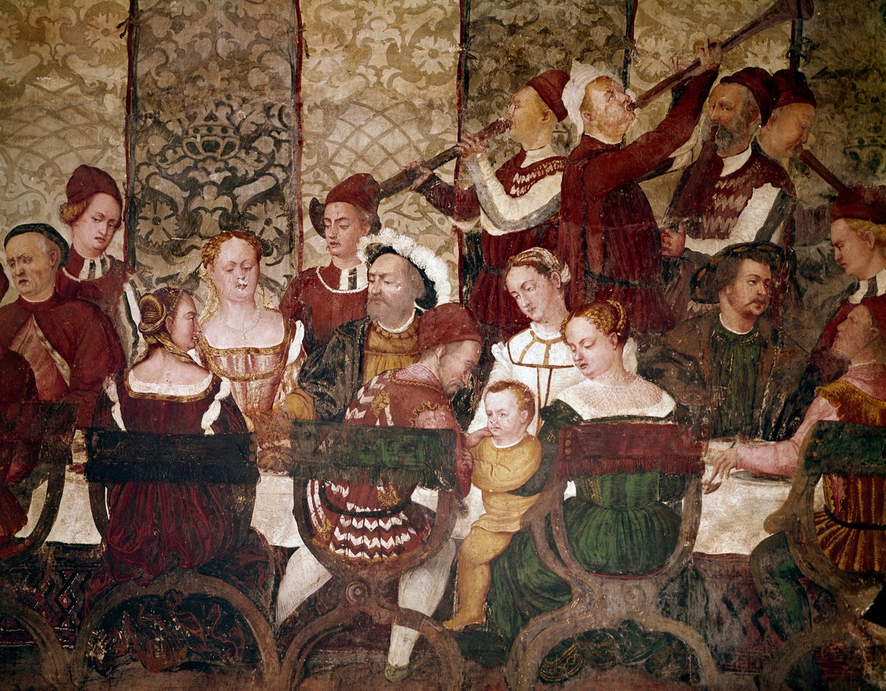 I. Keresztény dán király a Bartolomeo Colleoni által rendezett banketten. Részlet a meghívókról (freskó, 1480 körül) alkotó: Marcello Fogolino