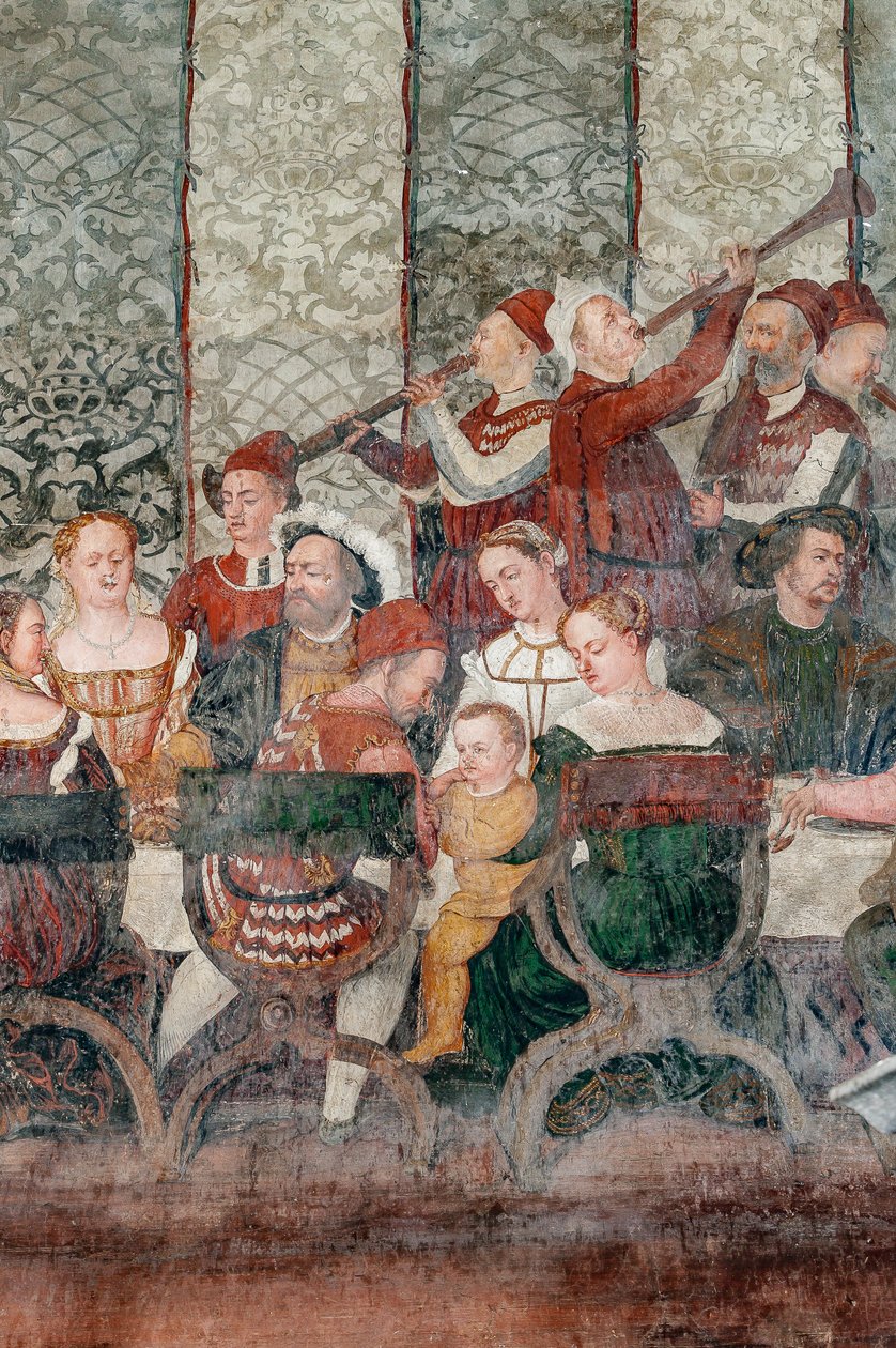 Bankett, I. Keresztény dán Bartolomeo Colleoninál tett látogatásának részlete, a díszterem alkotó: Marcello or Romani Girolamo (Romanino) (c.1485 c.1566) (attr.to) Fogolino
