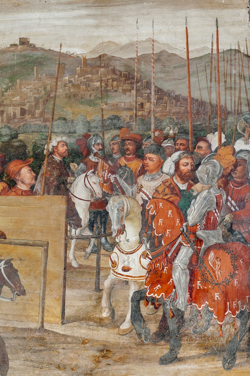 Részlet a dán I. Keresztény Bartolomeo Colleoninál, a Becsületcsarnokban tett látogatásáról alkotó: Marcello or Romani Girolamo (Romanino) (c.1485 c.1566) (attr.to) Fogolino