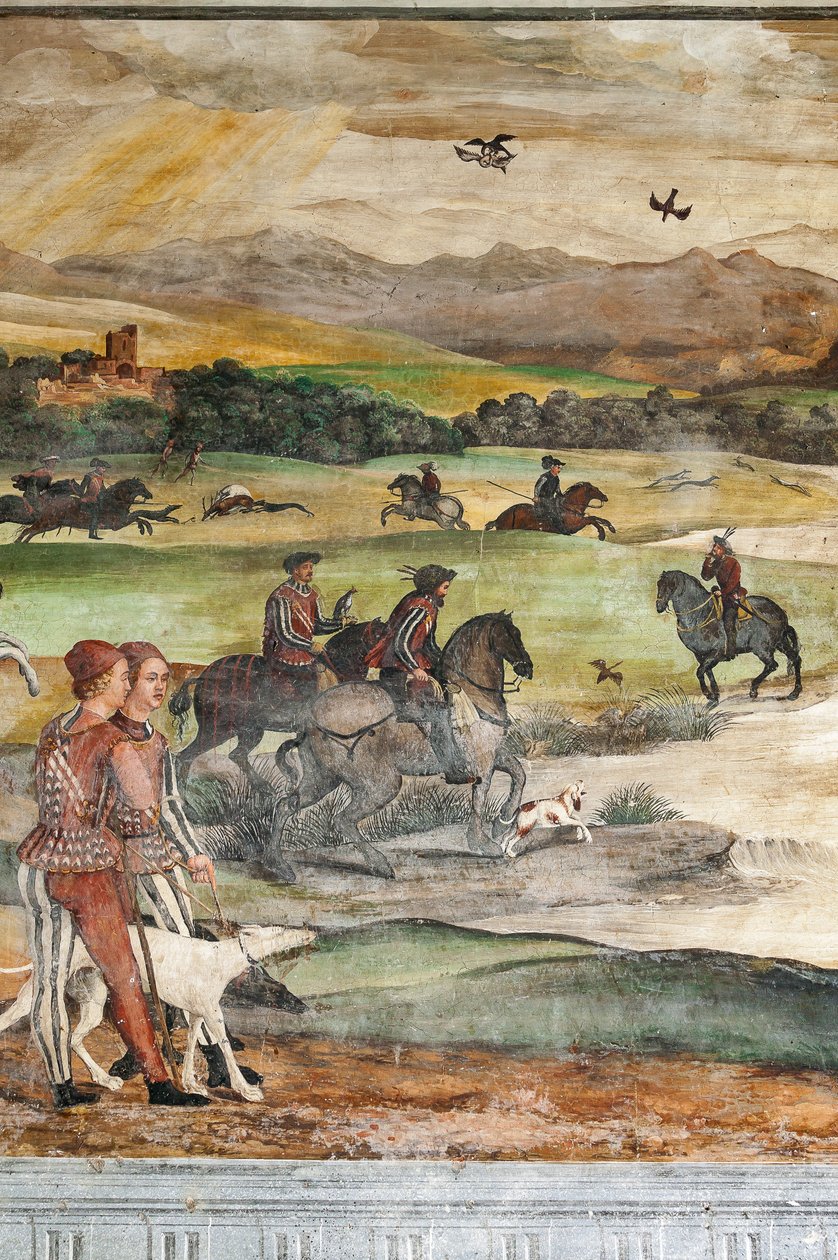 Vadászjelenet, I. Keresztény dán Bartolomeo Colleoninál tett látogatásának részlete, a Becsületcsarnok alkotó: Marcello or Romani Girolamo (Romanino) (c.1485 c.1566) (attr.to) Fogolino
