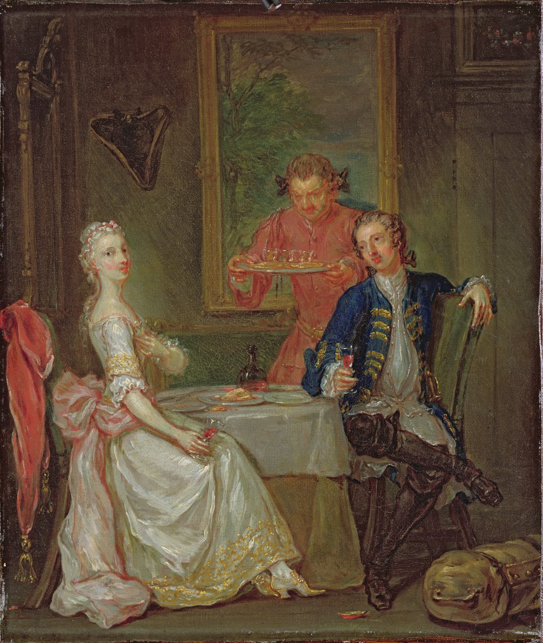 Vacsorabeszélgetés (Egy férfi és egy nő iszik vacsoránál) alkotó: Marcellus the Younger Laroon
