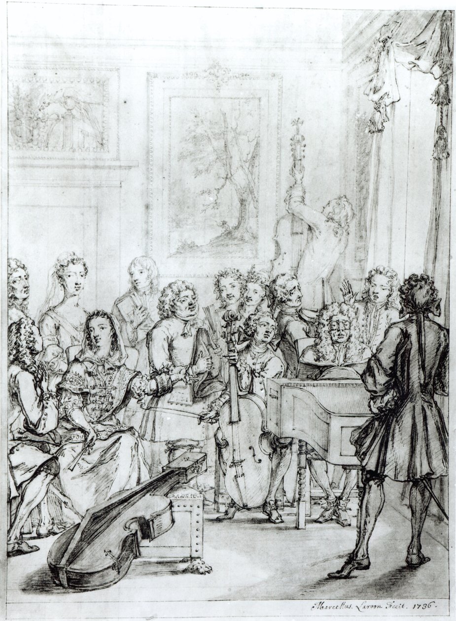 Koncert a Montague House-ban, 1736 (toll és tinta ceruzával papíron) alkotó: Marcellus the Younger Laroon