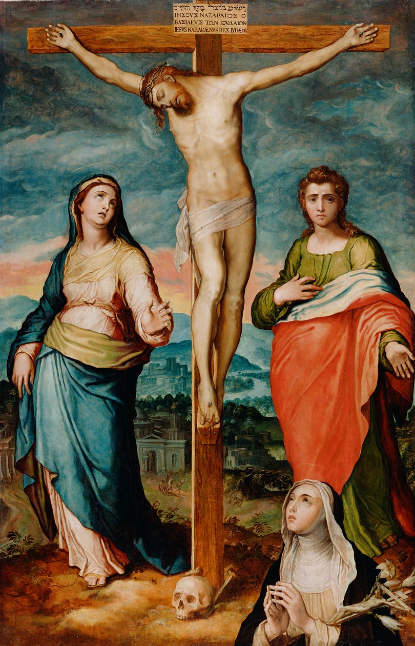 Krisztus a kereszten szentekkel Máriával, János evangélistával és Sienai Katalinnal, 1570 körül alkotó: Marco Pino