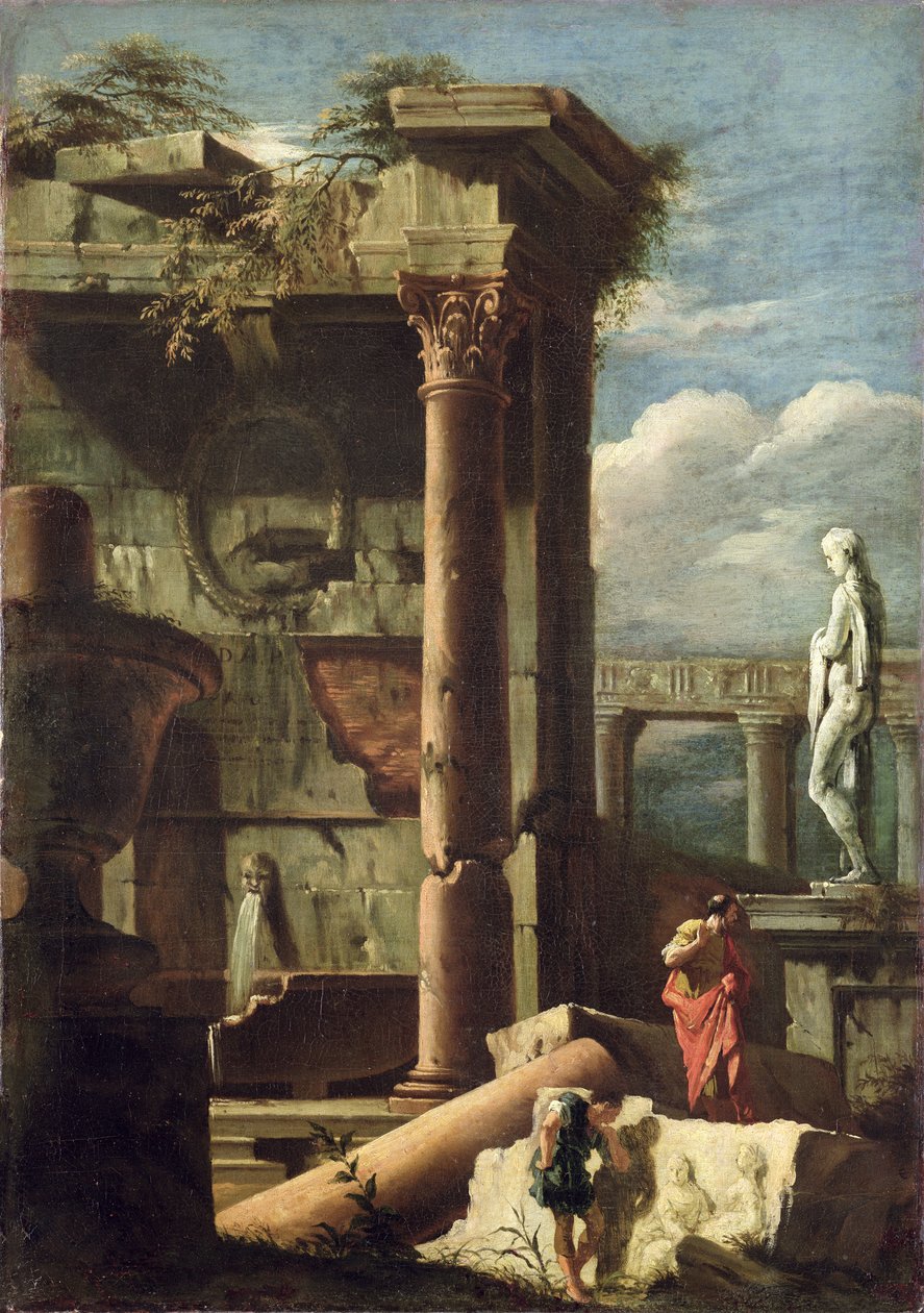 Ókori épület szoborral és díszfigurákkal, 1720-25 alkotó: Marco Ricci
