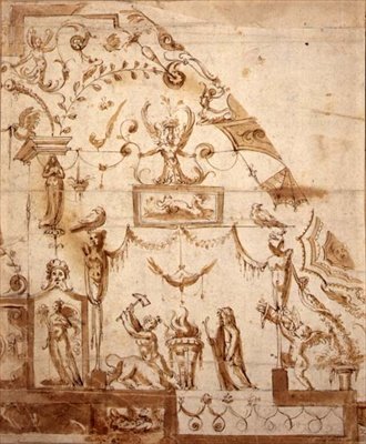 Tervezés groteszk mennyezethez (toll és szépia tinta papíron) alkotó: Marco (fl.1565 88) (circle of) Marchetti