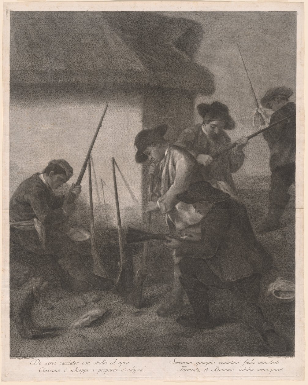 De Servi Cacciator... (Szolgák előkészítik a fegyvereket a vadászatra) alkotó: Marco Alvise Pitteri after Pietro Longhi