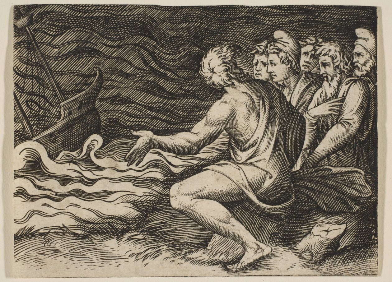 Egy csoport alak a jobb oldalon, akik szemtanúi egy hajótörésnek, kb. 1515-27. alkotó: Marco Dente