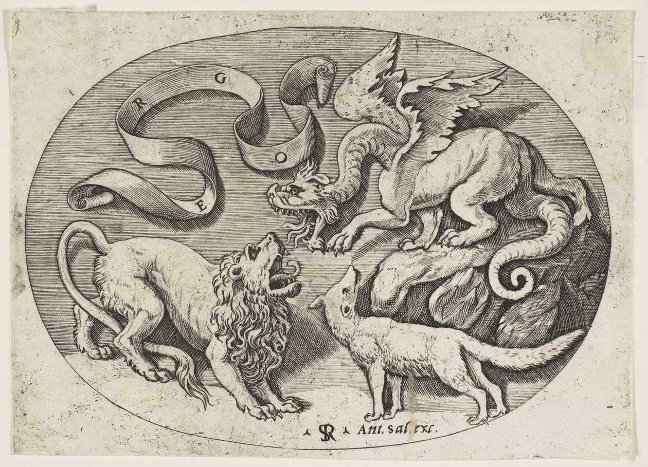 Egymással harcoló oroszlán, sárkány és róka, felül feliratos banderola, ovális c..., kb. 1515-27. alkotó: Marco Dente