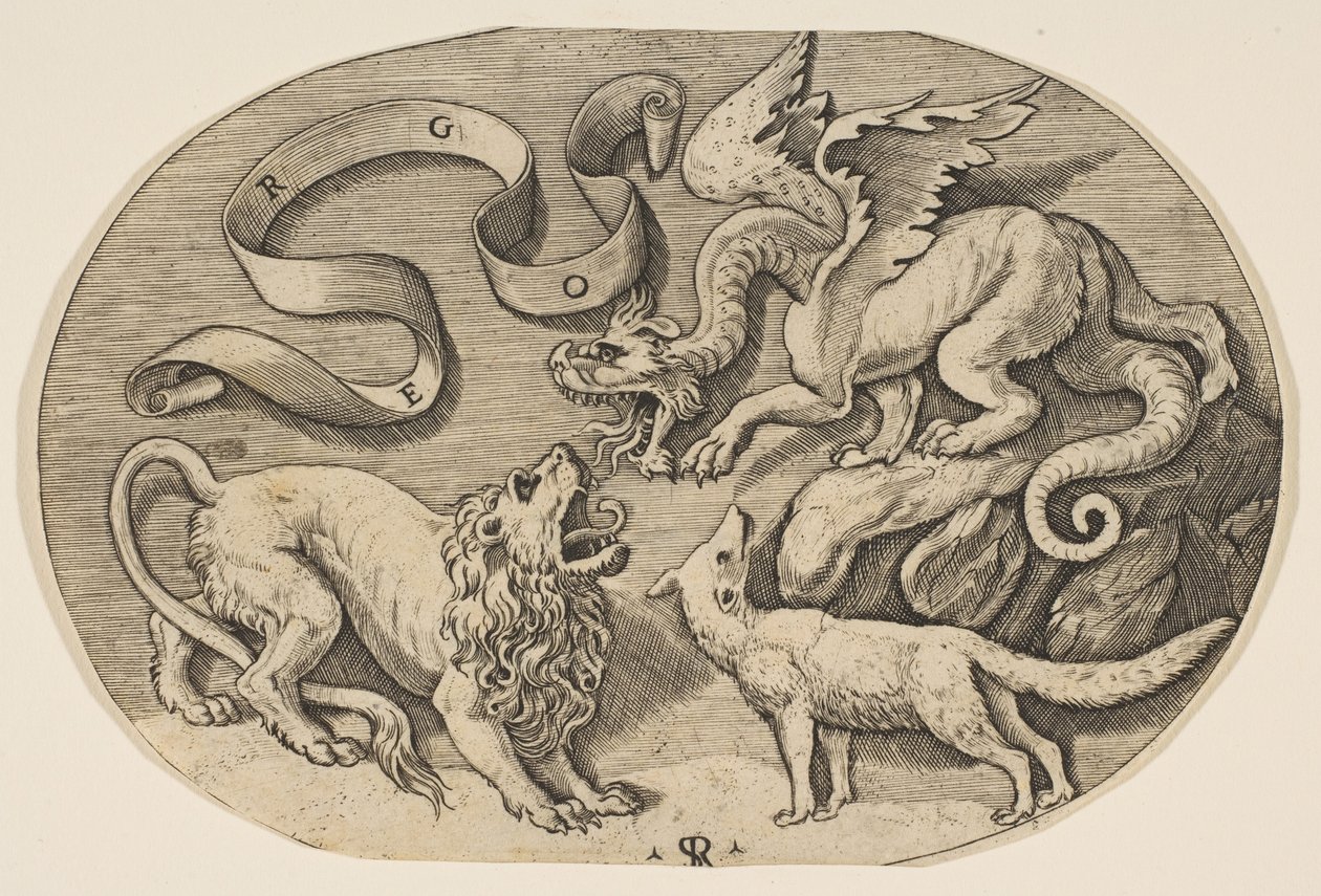 Egymással harcoló oroszlán, sárkány és róka, felül feliratos banderola, ovális c..., kb. 1515-27. alkotó: Marco Dente