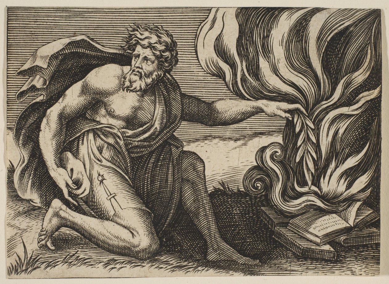Egy férfi térdel, és babérágat tesz egy halom égő könyvre, kb. 1515-27. alkotó: Marco Dente