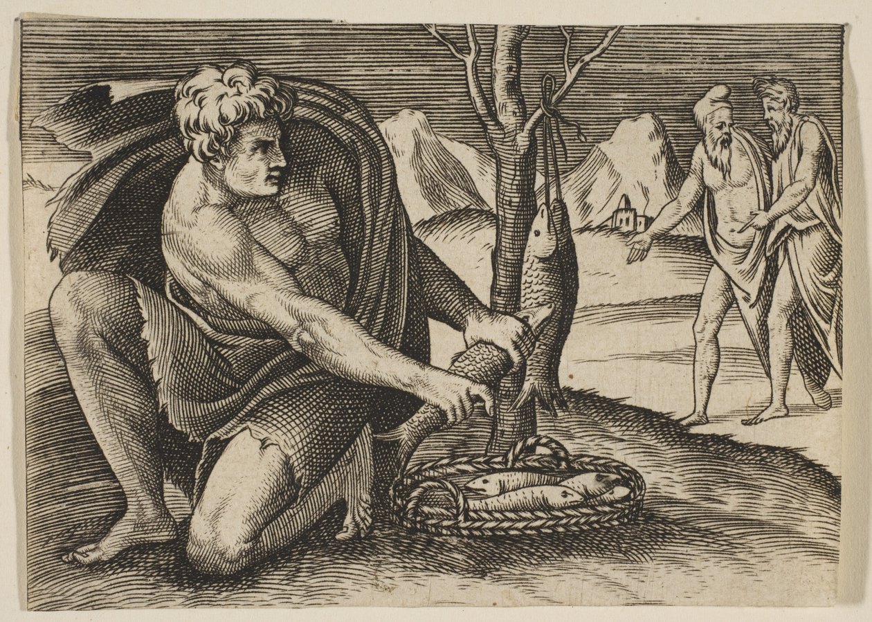 Egy férfi térdel egy kosár hal mellett, és két kézzel veszi az egyiket, két férfi a ..., kb. 1515-27. alkotó: Marco Dente