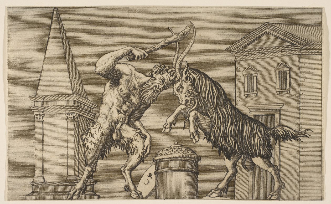 Egy szatír és egy kos egymásra támad, a szatír bottal hadonászik jobbjával ha..., kb. 1515-27. alkotó: Marco Dente