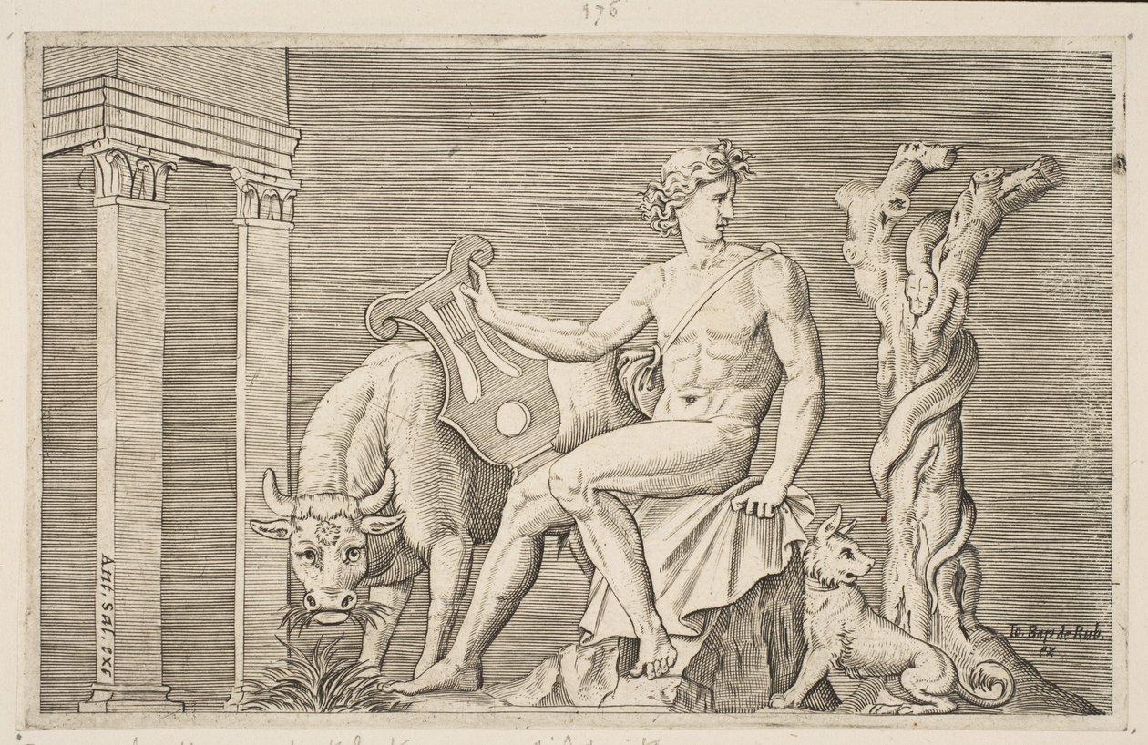 Apolló Admetus nyájait gondozta, Apollón ülve, kezében egy lírával, mellette egy..., kb. 1515-27. alkotó: Marco Dente