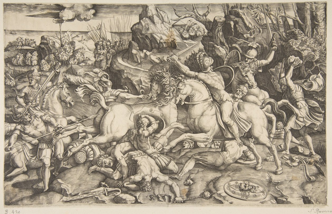 Csatajelenet egy tájon lovas katonákkal és több elesett emberrel, egy másik..., kb. 1520. alkotó: Marco Dente