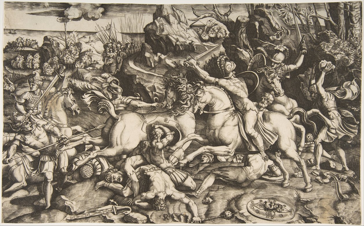 Csatajelenet egy tájon lovas katonákkal és több elesett emberrel, egy másik..., kb. 1520. alkotó: Marco Dente