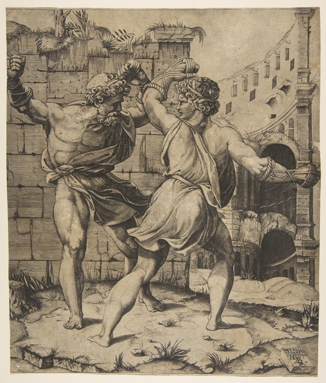 Entellus és Dares harca a klasszikus romok előtt, 1520-25. alkotó: Marco Dente