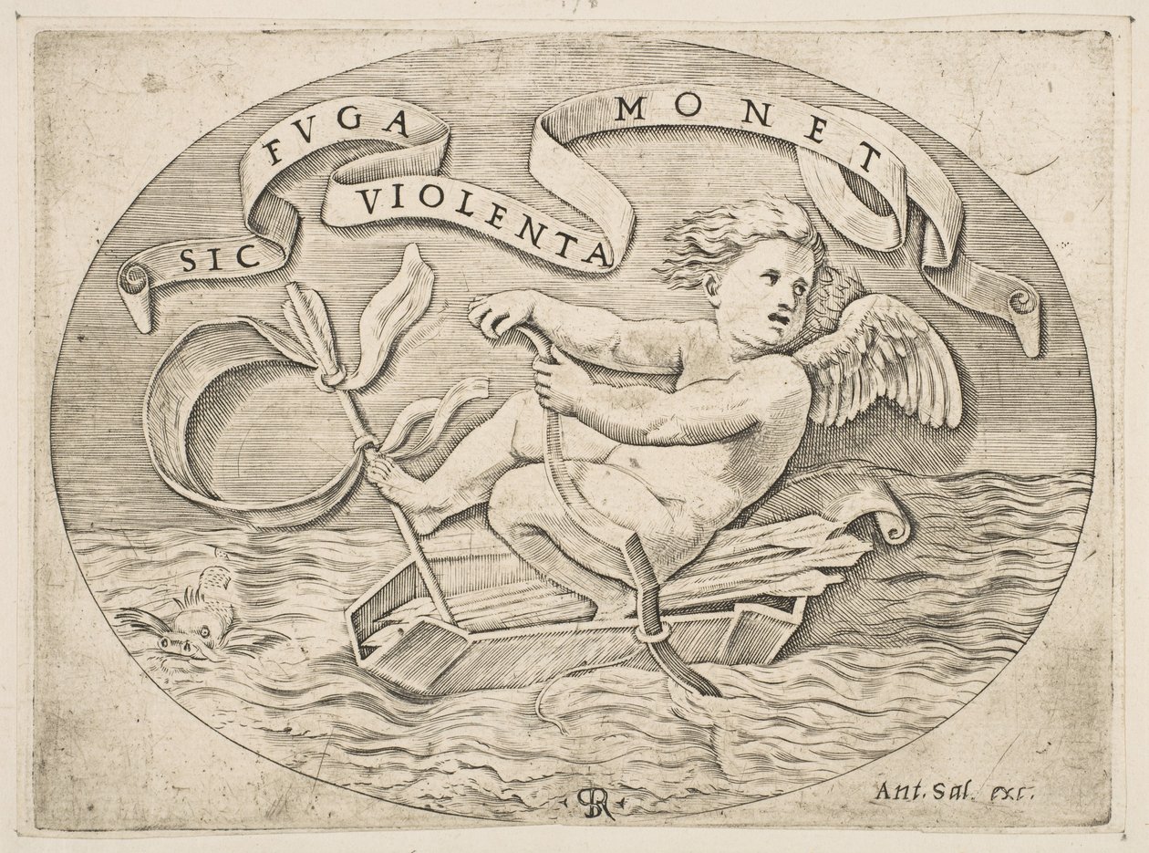 Erósz a tengeren menekülve, Ámor az íjával meghajt egy csónakot, amely a tegez eszéből készült..., kb. 1515-27. alkotó: Marco Dente