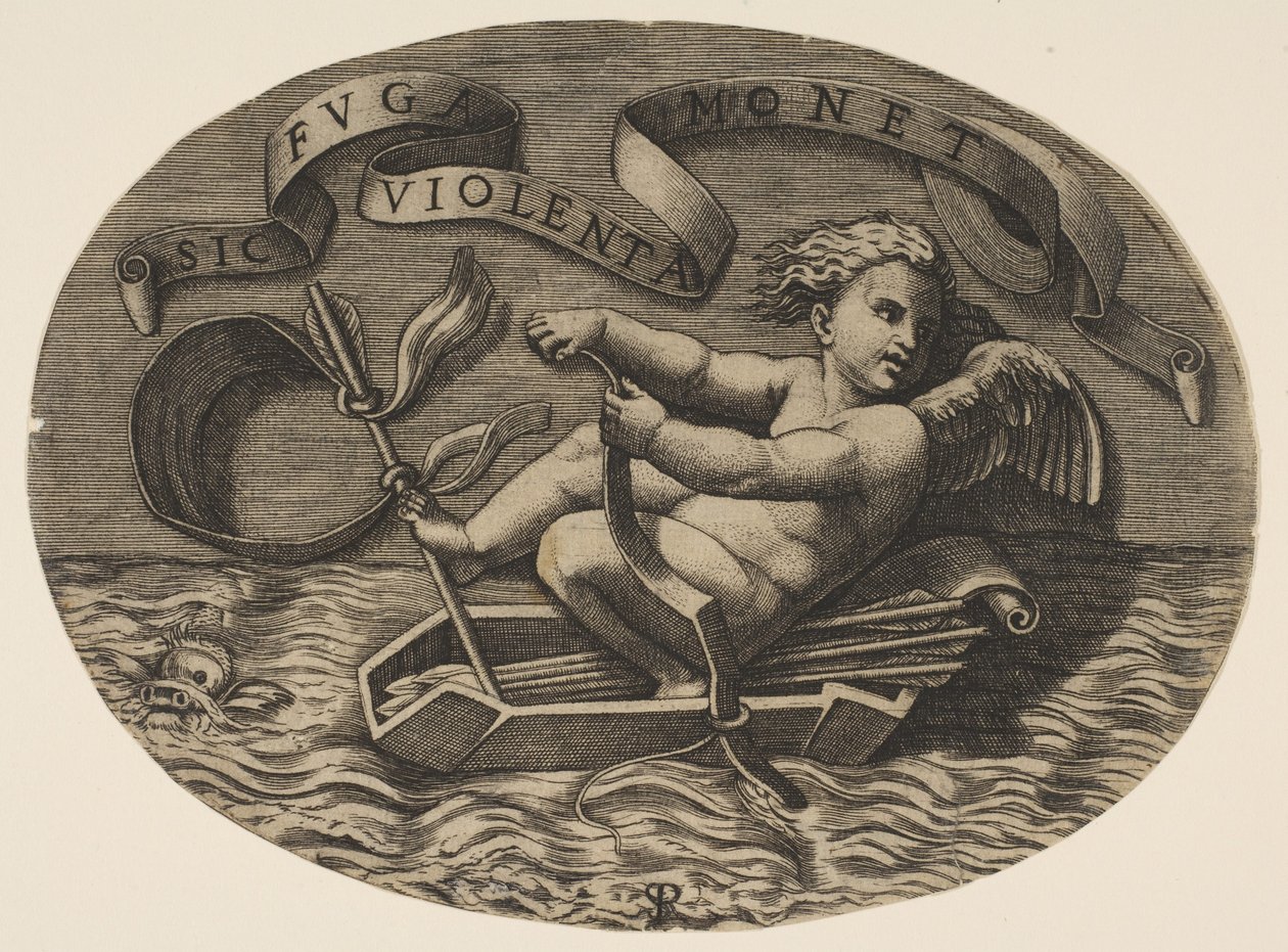 Eros, aki a tengeren menekült az íjjával, hogy meghajtsa a tegezéből készült csónakot..., kb. 1515-27. alkotó: Marco Dente