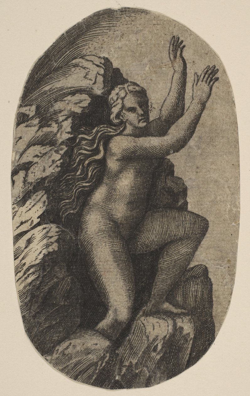 Eurydice meztelenül egy sziklán áll, karját jobbra emelte, kb. 1515-27. alkotó: Marco Dente