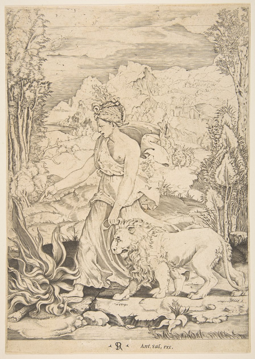 Erősség profilnézetben balra egy tűz felé sétálva, és egy felerősített liont vezet..., kb. 1515-27. alkotó: Marco Dente