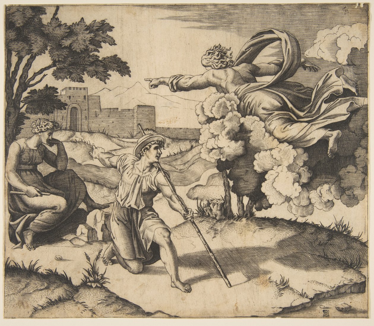 Isten megjelenik Izsáknak, a felhőkben lebegő Isten az alatta ülő Rebecca felé mutat..., kb. 1515-27. alkotó: Marco Dente