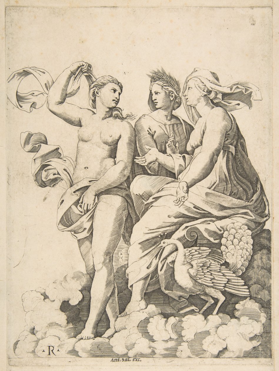 Juno, Ceres és Psyche a felhőkben beszélgetnek, Juno egy páva ül rá..., kb. 1515-27. alkotó: Marco Dente