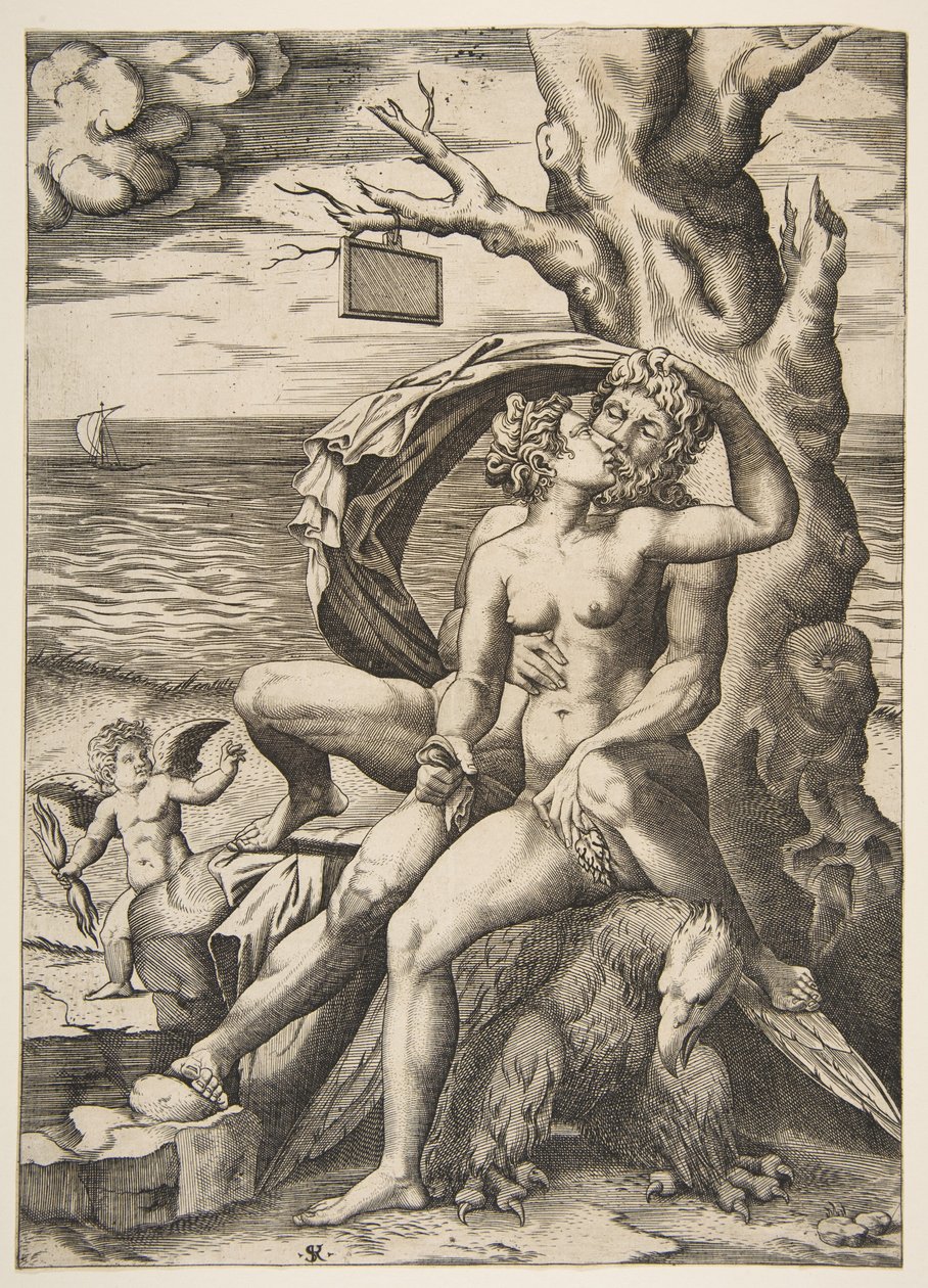 Jupiter és Semele ölelkeznek, alattuk egy sas, jobbra egy fa üres t..., kb. 1515-27. alkotó: Marco Dente