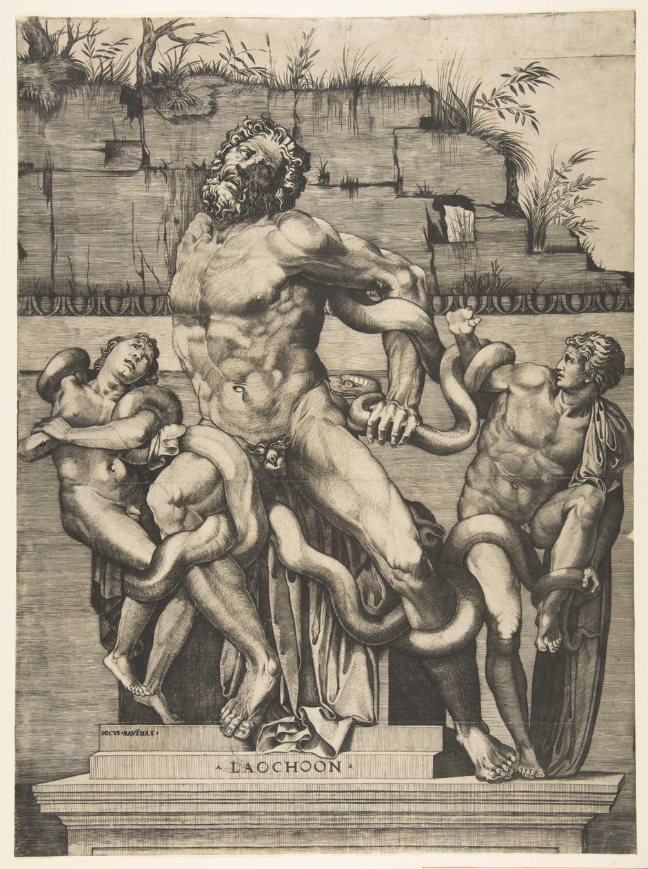 Laocoönt és fiait kígyók támadják meg, kb. 1515-27. alkotó: Marco Dente