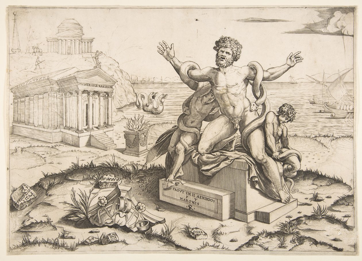 Laocoönt és két fiát kígyók támadják meg egy talapzaton, egy Mi...-i templomban, kb. 1515-27. alkotó: Marco Dente