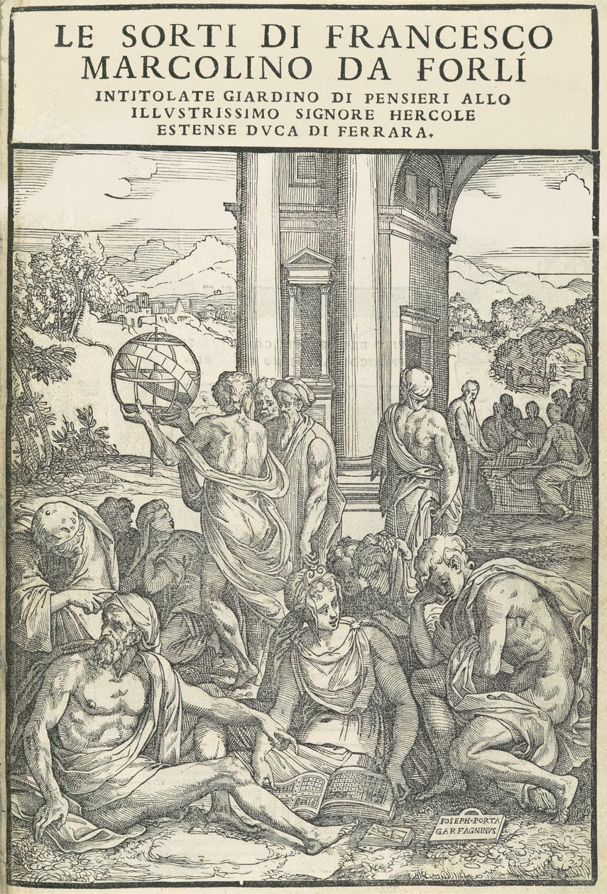 Le Sorti ... gondolatok kertje címmel, 1540. október. Alkotók: Ismeretlen, Marco Dente. alkotó: Marco Dente