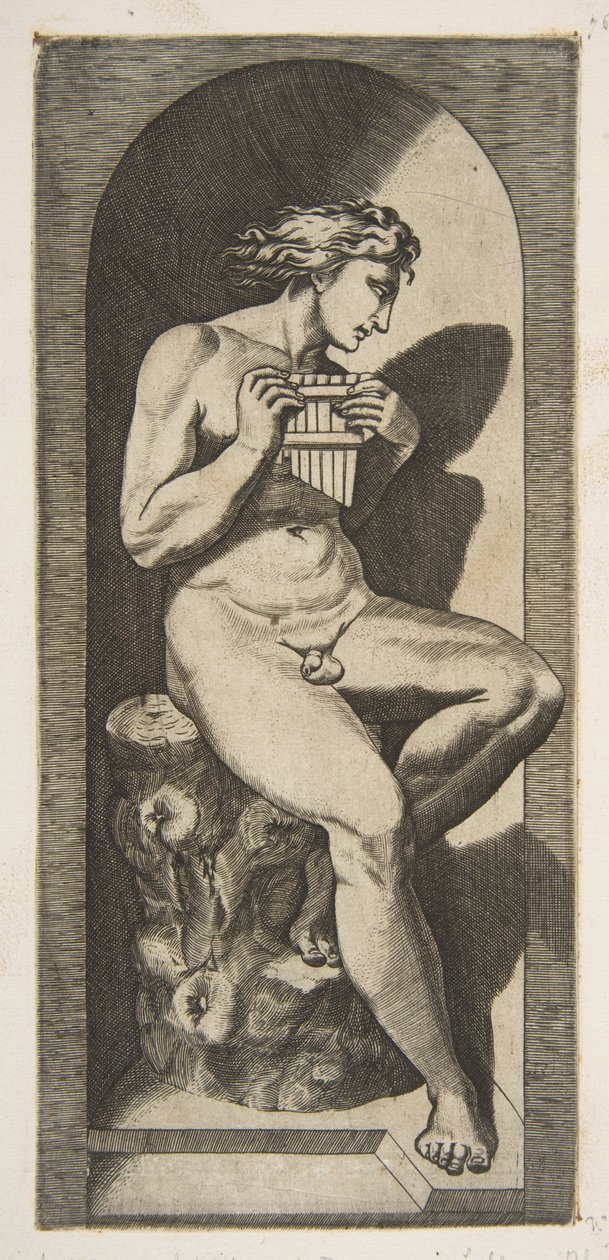 Az Olympus meztelenül egy fatönkön ülve, csöveket tartva, egy fülkében, kb. 1515-27. alkotó: Marco Dente