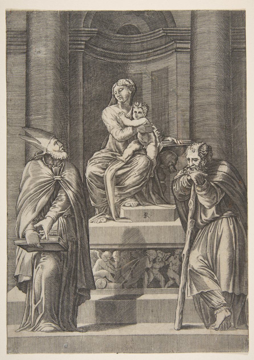 Balra Szent József és jobbra egy püspök áll a Szűz oltára előtt..., kb. 1515-27. alkotó: Marco Dente