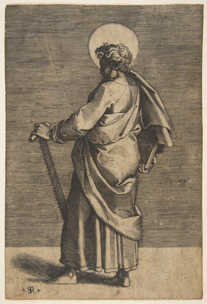 Szent Simon áll balra, kezében egy fűrész és egy könyv, kb. 1515-27. alkotó: Marco Dente