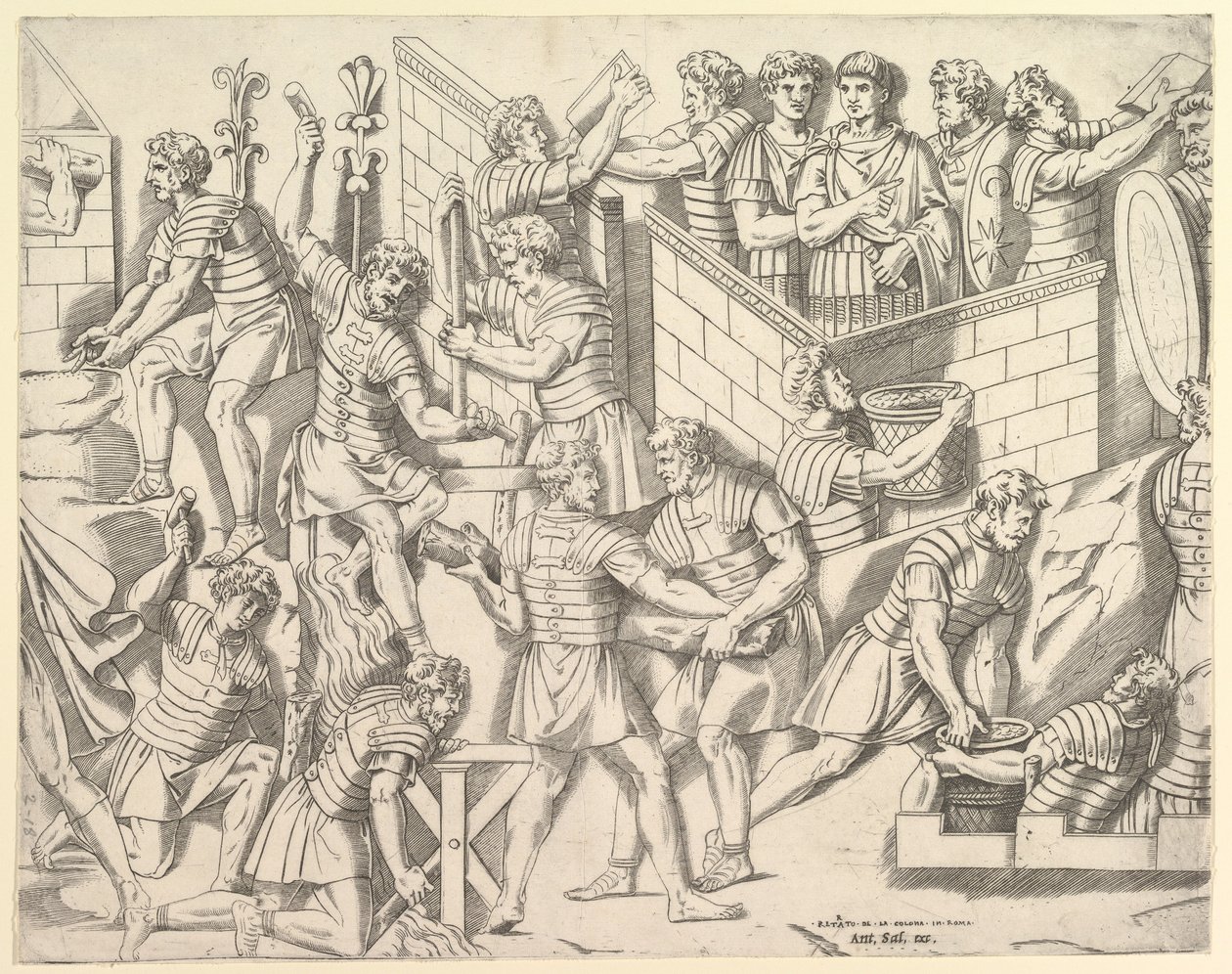 Speculum Romanae Magnificentiae: Római katonák táborukat megerősítve, Traianusból..., 16. század. alkotó: Marco Dente