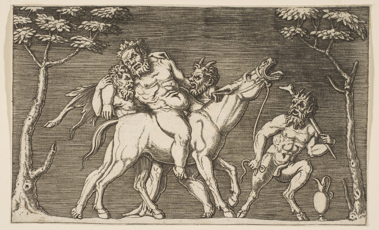 Két szatír, akik Silenust egy háborgó öszvérre helyezik, és egy harmadik szatír jobbra, kb. 1515-27. alkotó: Marco Dente