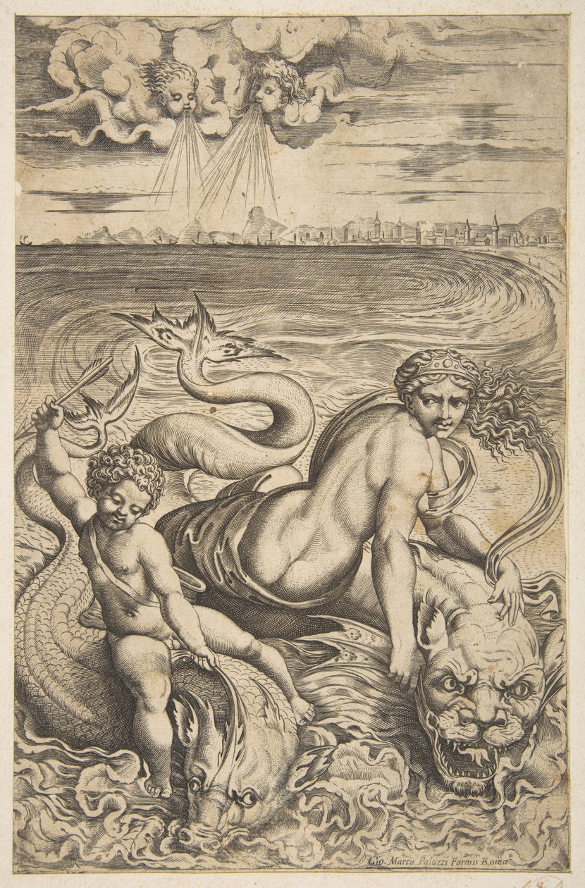 Vénusz és Ámor két tengeri szörnyen lovagolnak, Ámor nyilat emel a jobb kezébe, t..., kb. 1515-27. alkotó: Marco Dente