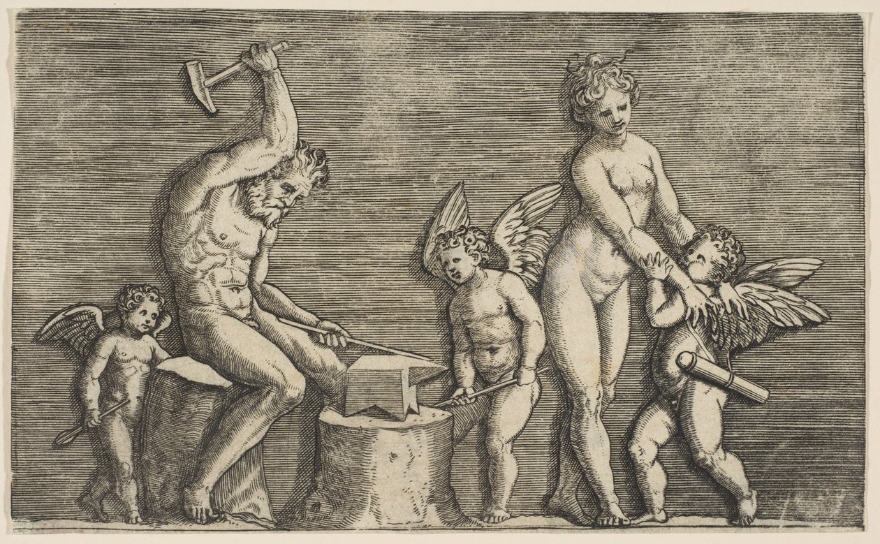 Vulkán ülő kalapálás egy üllőn, amelyet Vénusz és három Ámor szegélyez, kb. 1515-27. alkotó: Marco Dente