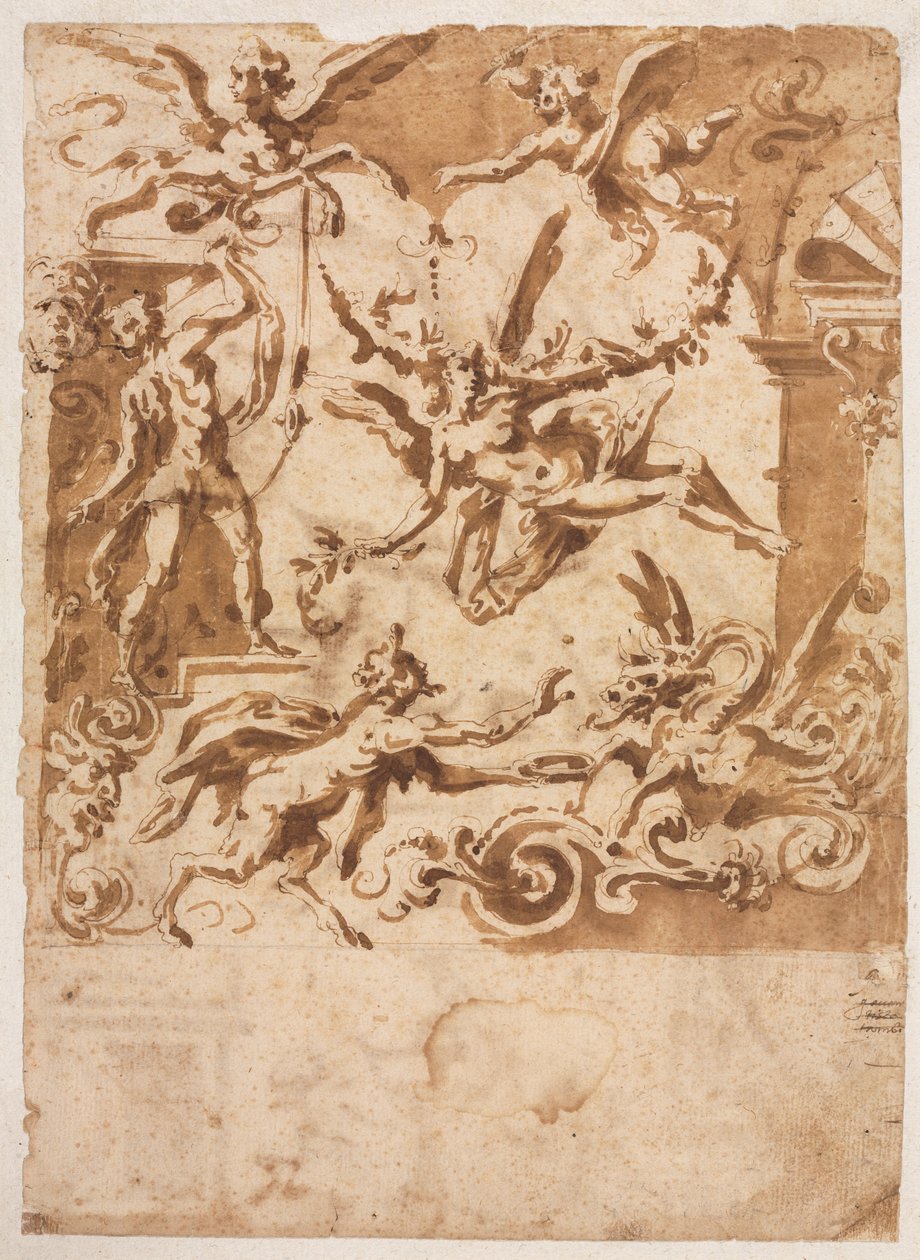 Groteszk egy sárkányt tápláló szatírral, groteszk egy ugráló kentaurral, c1565158 alkotó: Marco Marchetti