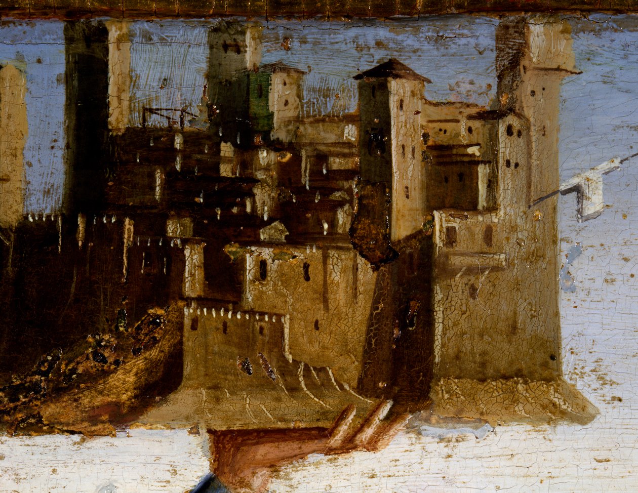 A trónoló Madonna és a szentek, Marco Palmezzano (kb. 1460-1539) Szent Adrián predellájának részlete, Szent Ferenc-templom, Matelica, Marche, Olaszország, részlet alkotó: Marco Palmezzano