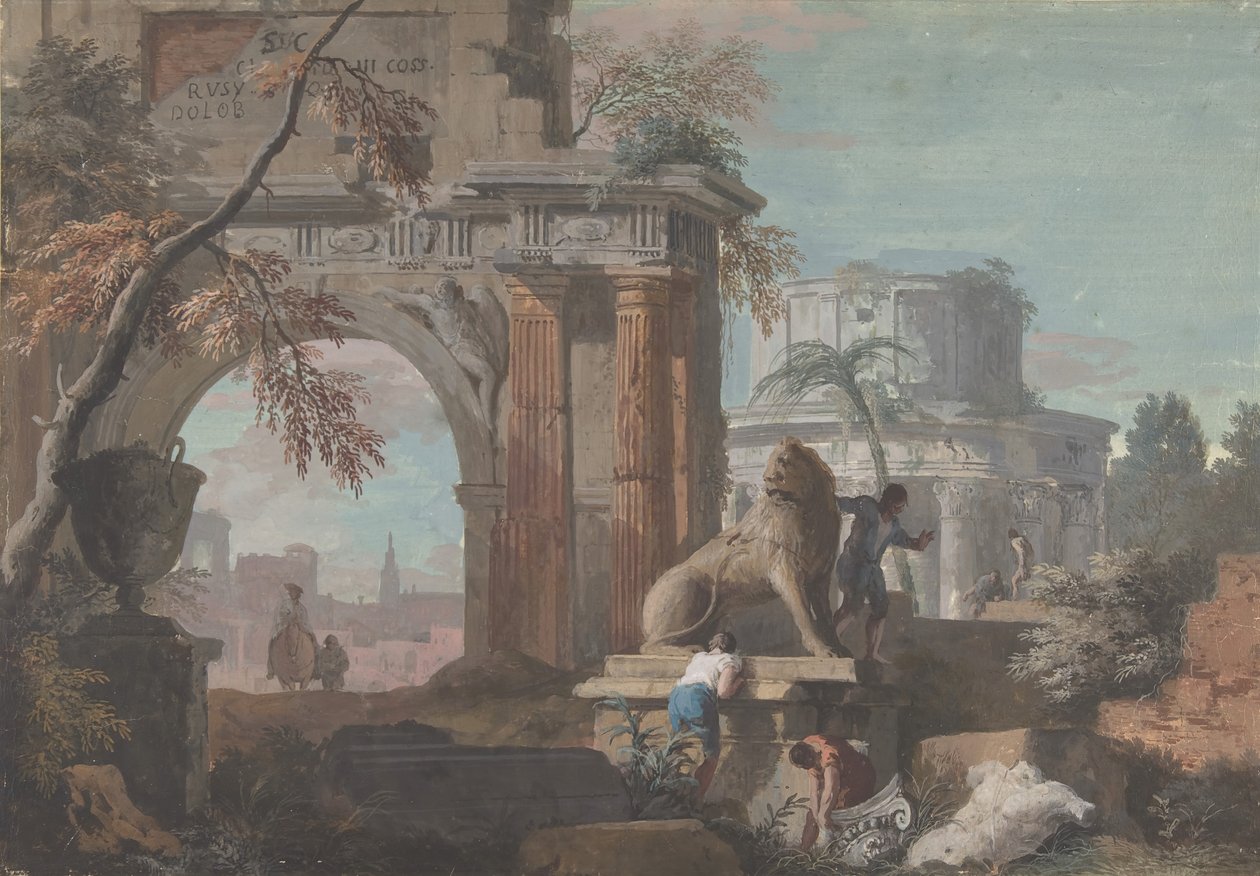Capriccio római romokkal, kb. 1700-1730. alkotó: Marco Ricci