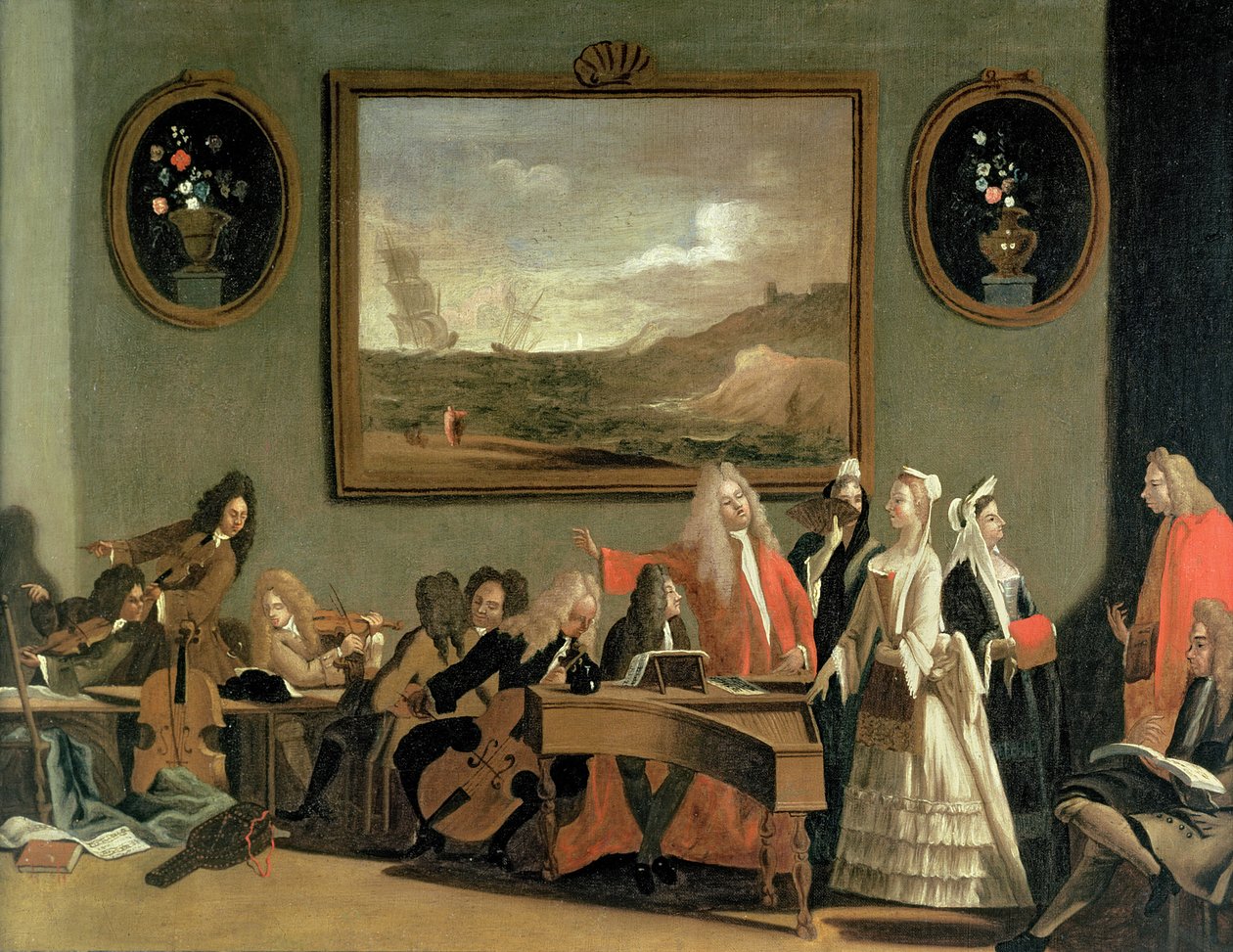 A Pyrrhusnak és Demetriusnak nevezett opera próbája a Haymarket Színház gyakorlótermében, 1709 alkotó: Marco Ricci