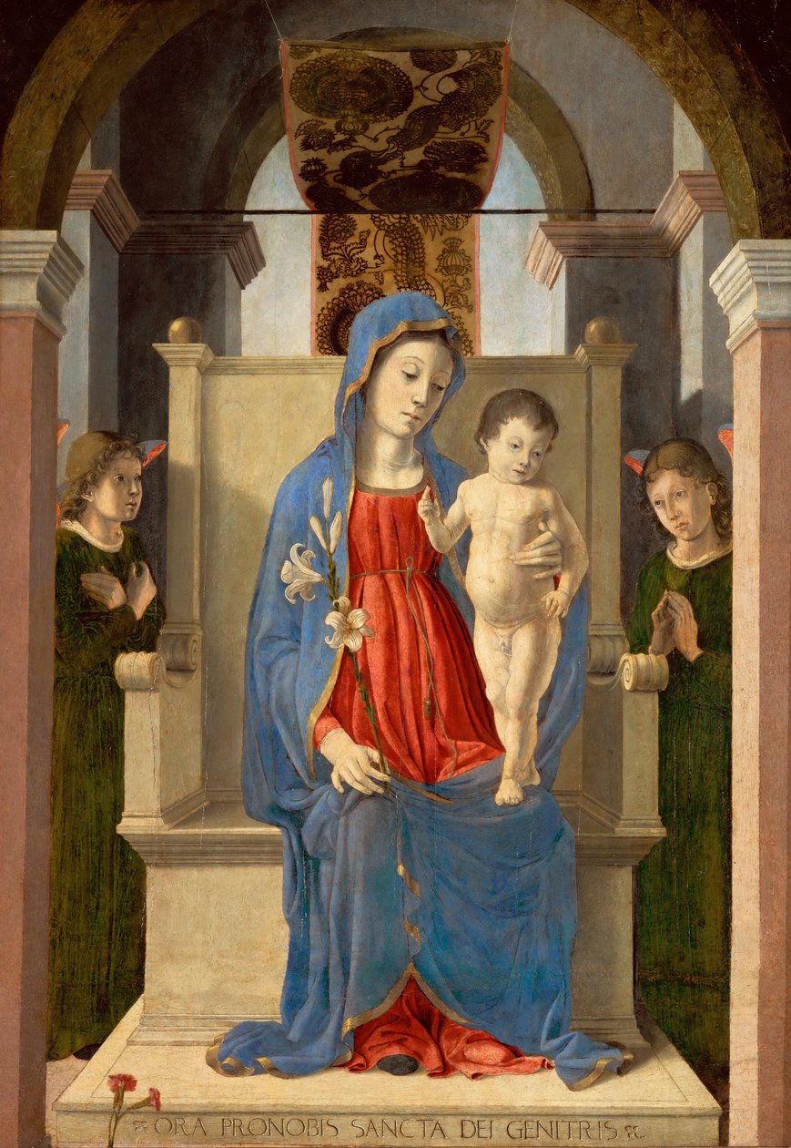 Szűz liliommal (a gyermek Jézussal a trónon, két angyallal körülvéve) - Szűz liliommal, Zoppo, Marco (1433-1478). Tempera és olaj fára alkotó: Marco Zoppo