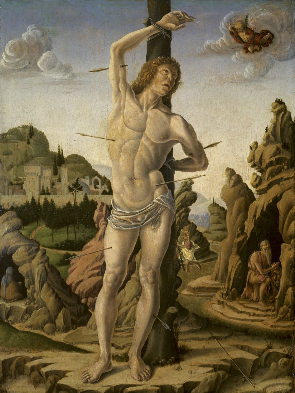Szent Sebestyén sziklás tájon Szent Jeromos, Anthony Abbot és Christopher társaságában, 1475-78 alkotó: Marco Zoppo