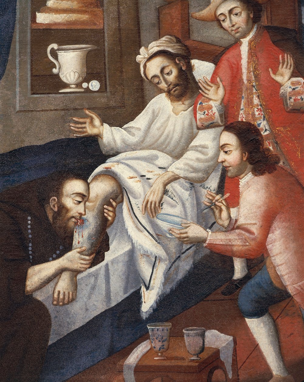 Vallásos férfiak beteget ápolnak a cuzcoi St. Andrew Kórházban (olaj, vászon) alkotó: Marcos Zapata