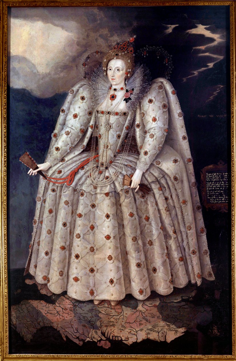 Erzsébet királynő lábportréja (Elizabeth) Iere, Anglia Marcus Gheeraerts (Gerards vagy Geerards) Fiatal festménye (1561-1635) 1592 körül V. 2,41x1,52 m London, National Portrait Gallery alkotó: Marcus Gheeraerts